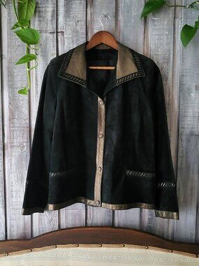 Rudsak NWOT Vintage 90s Black Suede Jacket Gold Leather Trim Canada 10